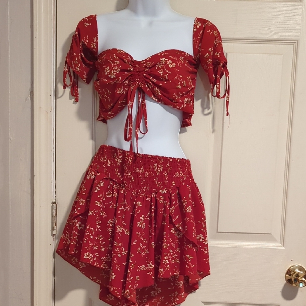 Red Mini  Floral Shorts with Tie Front Blouse Set
